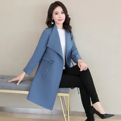 Woolen coat feminine all-match lapel waist woolen coat